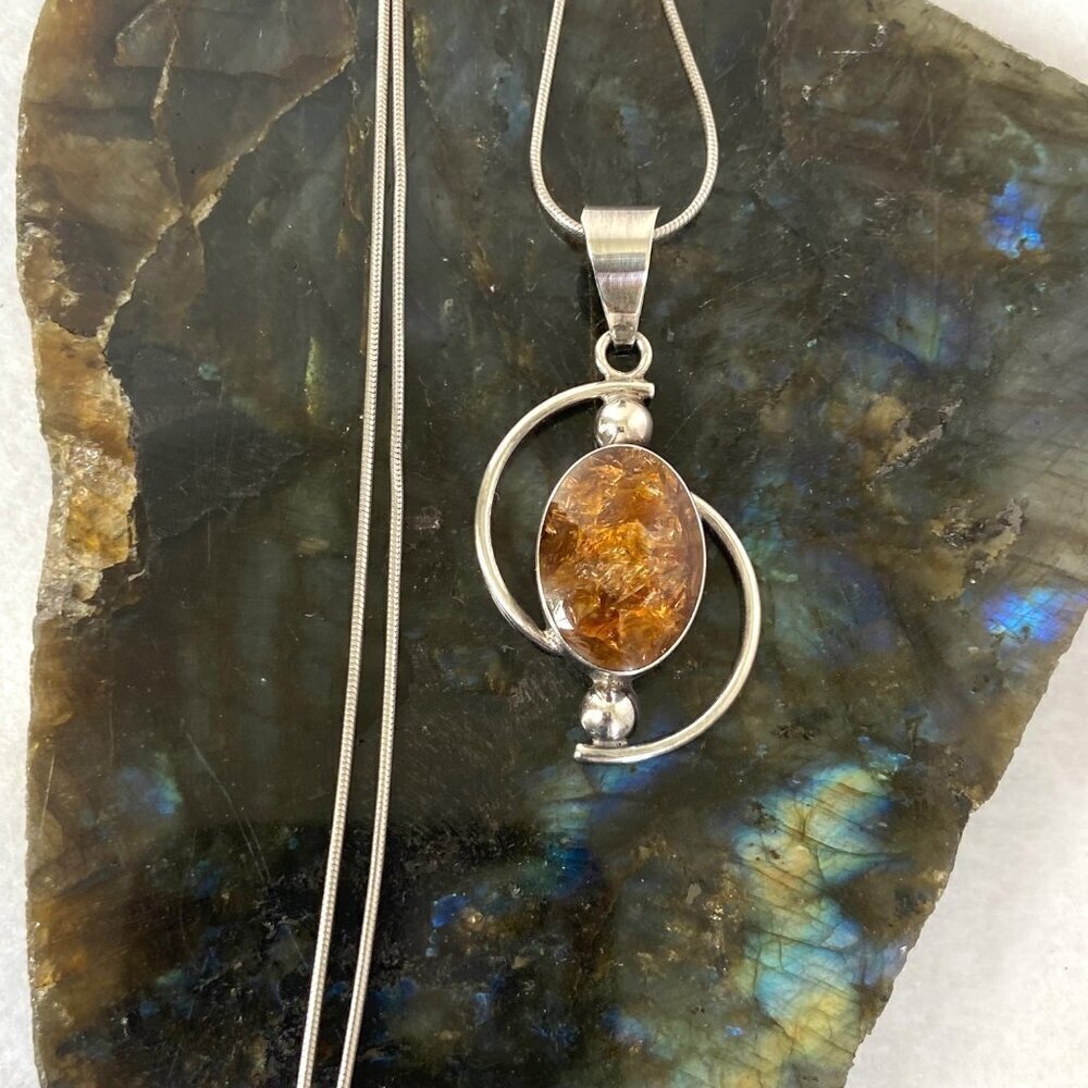 Sterling Silver 950 Mexico Geometric Oval Baltic Amber Pendant Necklace 18"